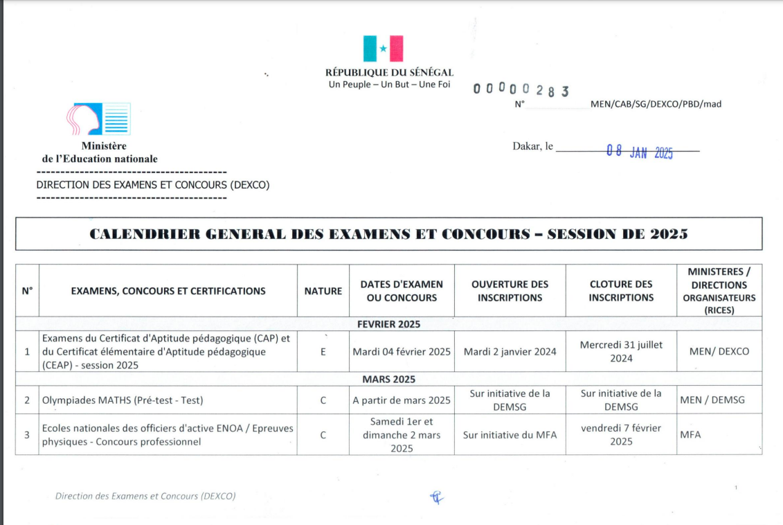 Calendrier General Des Examens Et Concours au Senegal 2025-2026